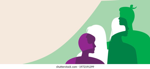 Non-binary people template with copy space. Silhouette of people, vector stock illustration. Blank backdrop for design. Men and women genderqueer concept, agenderness. Silhouette illustration