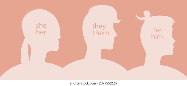 Non-binary people, text gender pronouns. Silhouette vector stock illustration. Different gender concept. He, she, they are  pronouns. Different people. Flat illustration