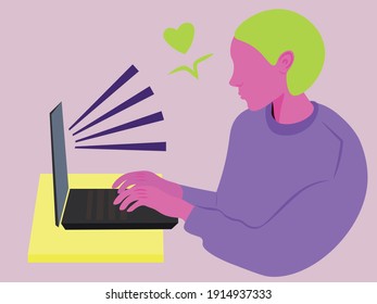 A Nonbinary Person With Bright Colored Hair Communicates With Someone Through A Computer. Internet Communications. Typing Text On The Keyboard. Remote Communication. Vector Cartoon Illustration