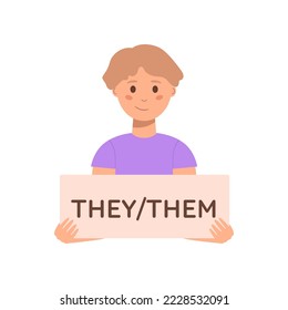 Non-binary person holding sign with gender pronoun they and them