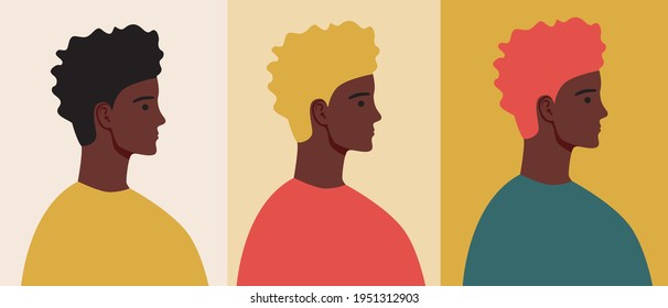 Non-binary person is isolated, different hair color. Flat vector stock illustration. Male or female, Afro Genderqueer. Hair style, coloring. African hair care. Non-binary appearance