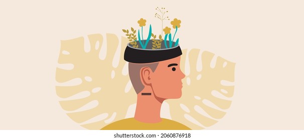 Non-binary person, mental health. Flat vector illustration. Leaves, plants in the head. Mind health concept, personality disorder. Identification of a non-binary person. Isolated illustration