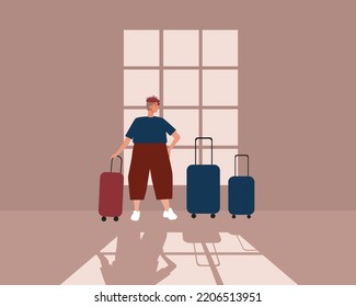 Non-binary person with suitcase as concept of move or housewarming party, flat vector stock illustration with room with window and shadow