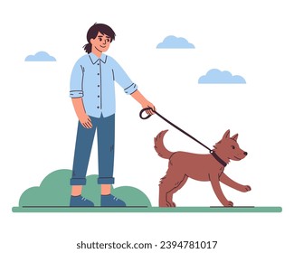 Non-binary person walking the dog. Cartoon flat vector illustration of a happy pet owner, dog sitter. Hand-drawn character with a domestic animal for web banner, advert. Lifestyle, summer activity.