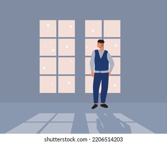 Non-binary persona inside and snowfall outside in evening, flat vector stock illustration with room with window and shade, view from window