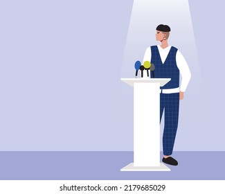 Non-binary Persona Speaker At Tribune, Flat Vector Stock Illustration Or Copy Space Template As Concept Conferences And Networking