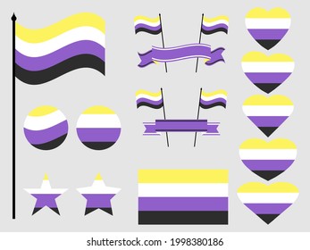 Nonbinary pride flag collection of symbols. Hearts, stars and circles with nonbinary flag. Sexual minorities. Design for banner and poster. Vector illustration