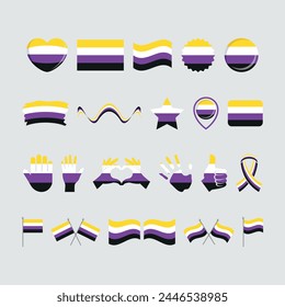 Non-binary Pride Flag and symbols many icon set vector. Non-binary pride flag graphic design element isolated on a gray background. Nonbinary icons in flat style