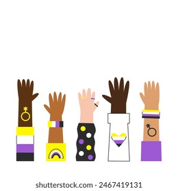 Non-binary pride flyer card. Diverse white and bipoc raised hands with genderqueer symbols. Vector flat illustration.