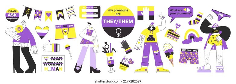 Nonbinary symbols, flags and people vector illustration set. Genderqueer person rights lgbtq+ pride.