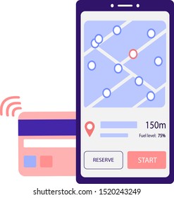 Non-cash contactless payment by credit or debit card for a car-sharing service. Application on the phone screen with map and buttons. Card with waves and magnetic tape. Vector flat illustration.