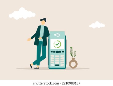 non-cash payment with a man standing in the cafe with a pos terminal beside. vector illustration concept.