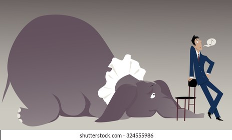 Nonchalant man attempting to hide an elephant in the room under a chair, vector illustration, EPS 8