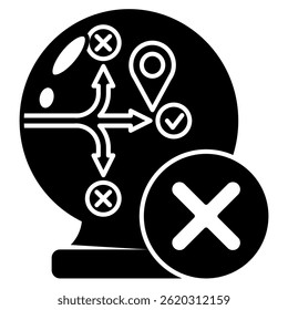 Icono no clásico representado por la predicción de flujo, marca cruzada estilo relleno negro.