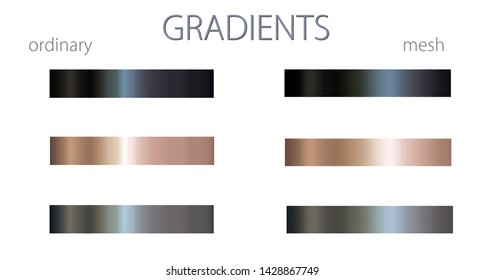 Non-colored gradients. Set or palette. Mesh and regular gradients. Grey shades. For designers. Vector illustration. Graphic resources. Black and white color. 