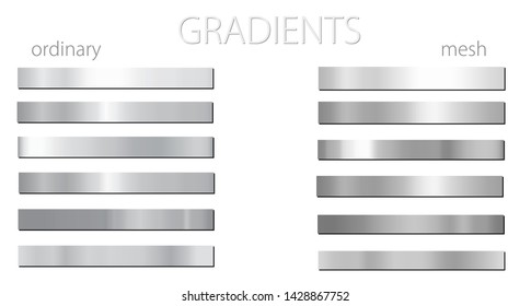 Non-colored gradients. Set or palette. Mesh and regular gradients. Grey shades. For designers. Vector illustration. Graphic resources. Black and white color. 