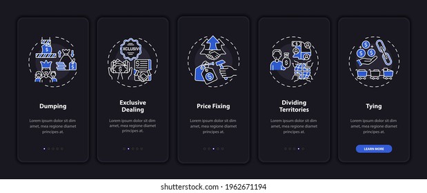 Noncompetitive methods onboarding mobile app page screen with concepts. Division, price fix walkthrough 5 steps graphic instructions. UI, UX, GUI vector template with linear night mode illustrations