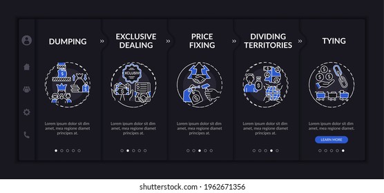 Noncompetitive policies onboarding vector template. Responsive mobile website with icons. Web page walkthrough 5 step screens. Tying, dividing territories night mode concept with linear illustrations