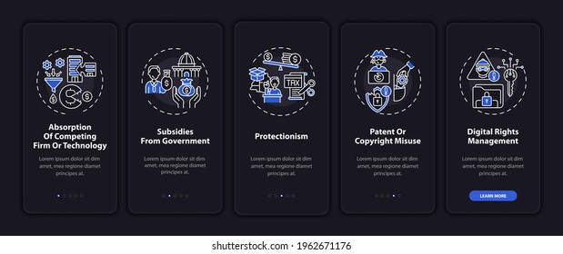 Noncompetitive ways onboarding mobile app page screen with concepts. Merge, financial support walkthrough 5 steps graphic instructions. UI, UX, GUI vector template with linear night mode illustrations