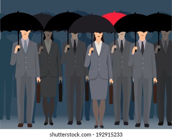 Non-conformism. A man with a red umbrella standing an a crowd of faceless business people under black umbrellas, vector illustration