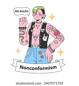 Nonconformism personified in a vibrant character, rebelling against norms with a spirited 'No Rules' mantra. Bold defiance in colorful art. Flat vector illustration.