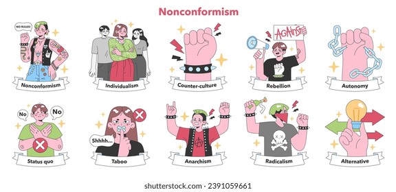 Nonconformism set. Expressions of individualism and rebellion. Break from status quo, exploring autonomy and alternative lifestyles. Flat vector illustration