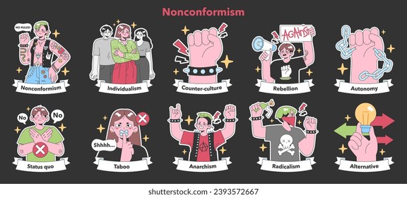 Nonconformism set. Expressions of individualism and rebellion. Break from status quo, exploring autonomy and alternative lifestyles. Flat vector illustration