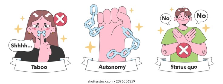 Nonconformism visuals depicting taboo defiance, yearning for autonomy, and rejection of the status quo. Embracing bold individual choices. Flat vector illustration. svg