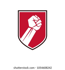 Nonconformist conceptual emblem, vector red clenched fist raised up.