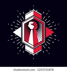 Nonconformist conceptual emblem, vector red clenched fist raised up.