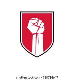 Nonconformist conceptual emblem, vector red clenched fist raised up.
