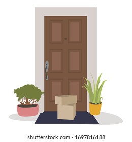 Ilustración vectorial plana de entrega sin contacto. El mensajero dejó el paquete en la puerta y se fue. Entrega segura durante un concepto de virus, pandemia de coronavirus. Entrega de productos
