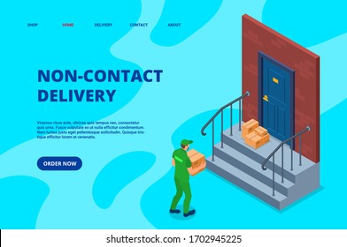 Non-contact delivery. Covid-19. Coronavirus secure contactless delivery service. Pandemic safe distance. Courier carrying order box in hands with face mask to client home door steps
