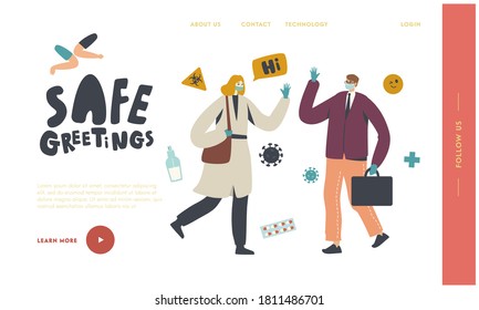 Noncontact Greet During Pandemic Landing Page Template. Distancing, Safety. Friends or Colleagues Characters Waving Hands Greeting Each Other Instead of Handshake. Linear People Vector Illustration