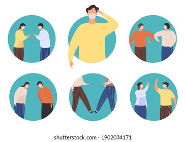 Non-contact greeting icon. New normal greet to stop virus, alternative to handshake namaste, elbow and feet bump, wawing and bow vector set. Illustration social prevention covid-19