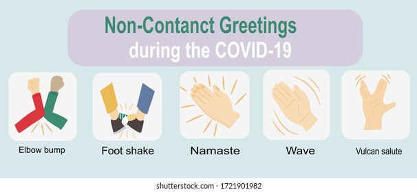 Non-Contact Greetings during the COVID-19 or coronavirus period. Five interesting greeting options, including elbow bump, Foot shake, wave, namaste and Vulcan salute greeting.