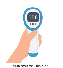 Nicht berührungsloses elektronisches Infrarot-Thermometer mit normaler Temperatur in der Hand. Medizinisches Messgerät. Einziger Vektorgegenstand auf weißem Hintergrund