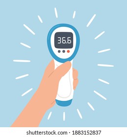 Non-contact infrared electronic thermometer with normal temperature in hand. Medical measurement apparatus. Vector object on white background