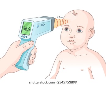 non-contact infrared thermometer being used to measure a baby temperature diagram hand drawn schematic vector illustration. Medical science educational illustration