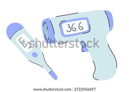 Non-contact infrared thermometer and digital electronic medical thermometer set displaying 36.6 Celsius normal body temperature. Healthcare equipment for fever measurement and diagnostic screening.