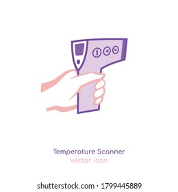Escáner de temperatura manual no de contacto. Medición de la temperatura de la frente del hombre. La forma más moderna de medir. Concepto médico, de salud. Ilustración vectorial editable aislada en un fondo blanco

