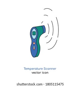 Escáner de temperatura manual no de contacto. Medición de la temperatura de la frente del hombre. La forma más moderna de medir. Concepto médico, de salud. Ilustración vectorial editable aislada en un fondo blanco

