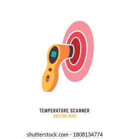 Non-contact manual temperature scanner. Measuring man forehead temperature. The most modern way to measure. Medical, healthcare concept. Editable vector illustration isolated on a white background


