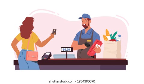 Noncontact Payment Concept. Female Customer Character Stand in Supermarket Prepare Credit Card for Cashless Online Paying. Woman Buy Food on Cashier Desk in Store. Cartoon People Vector Illustration