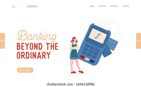 Noncontact Payment with Credit Card Reader Machine Landing Page Template. Saleswoman Character in Supermarket Use Pos Terminal for Customers Cashless Paying for Purchases. Cartoon Vector Illustration