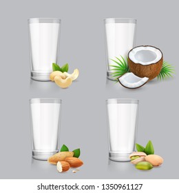 Non-dairy milk set. Vegan nut milk in drinking glass. Vegetarian or plant based drink coconut, cashew, almond, pistachio