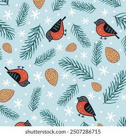 Non-directional Christmas pattern of bullfinches, pine cones and twigs scattered against snowy background. Seamless winter festive decoration.