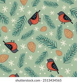 Non-directional Christmas pattern of bullfinches, pine cones and twigs scattered against snowy background. Seamless winter festive decoration.