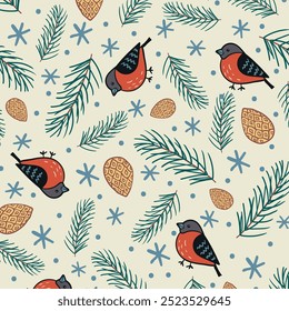 Non-directional Christmas pattern of bullfinches, pine cones and twigs scattered against snowy background. Seamless winter festive decoration.