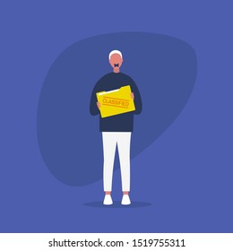 Non-disclosure agreement. Classified information. Young male character with a taped mouth holding a folder with documents